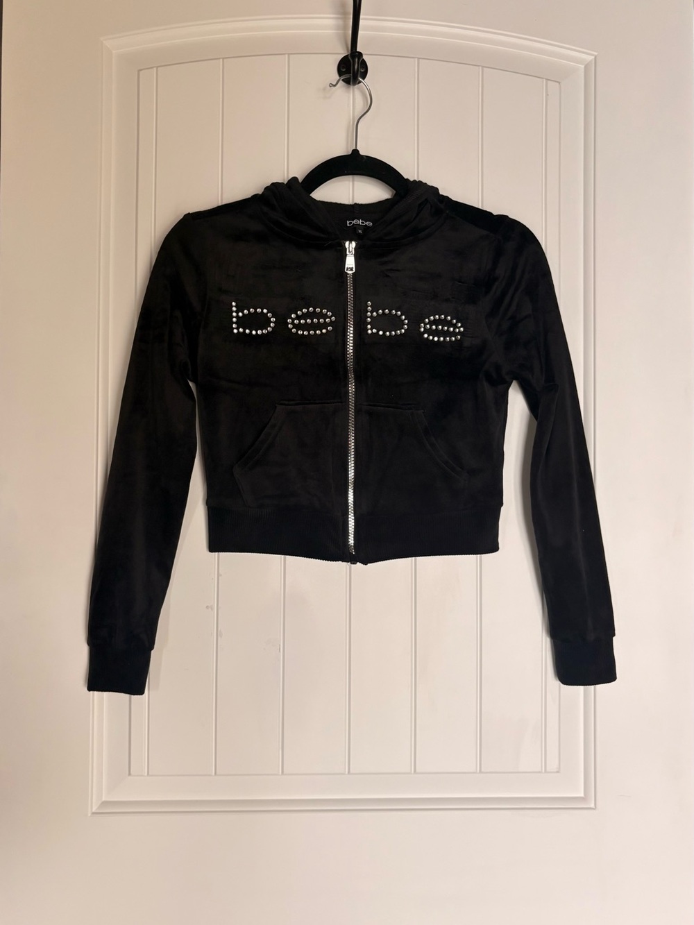 bebe Black Velour Rhinestone Logo Zip Hoodie